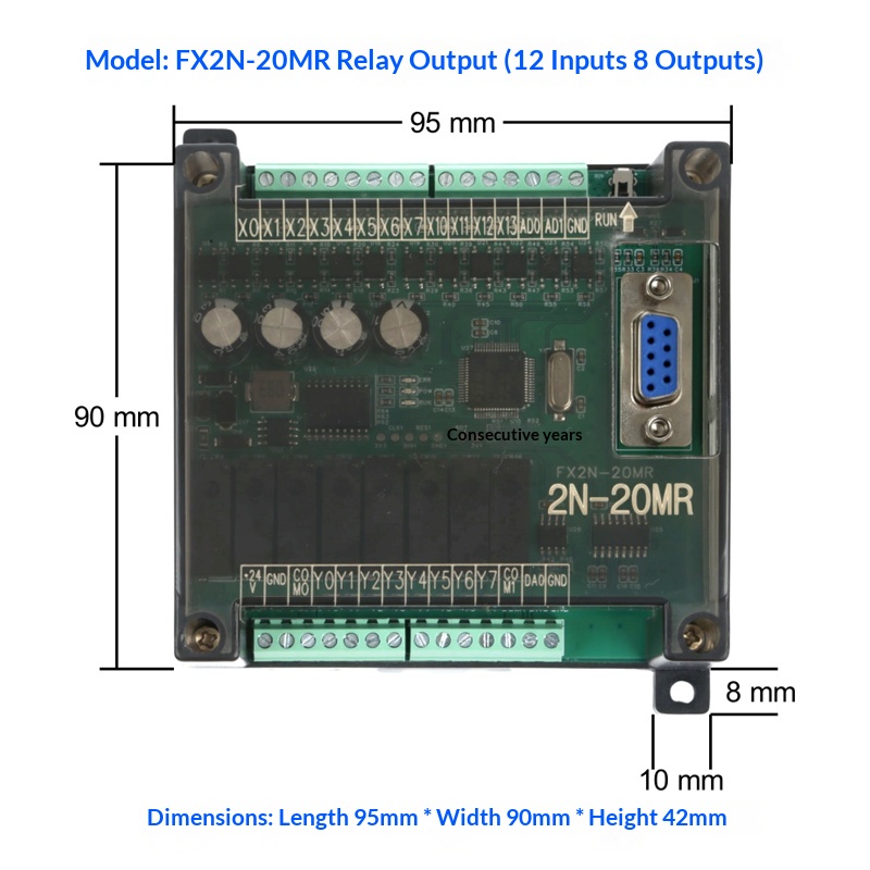 Board Mạch PLC Mitsubishi HH FX2N 10MT/MR - 32MT/MR AD/DA-232 HH2N  tải chương trình RS232 DB9 nguồn điện 24V GX-Works2 - FX2N-20MR Có Vỏ