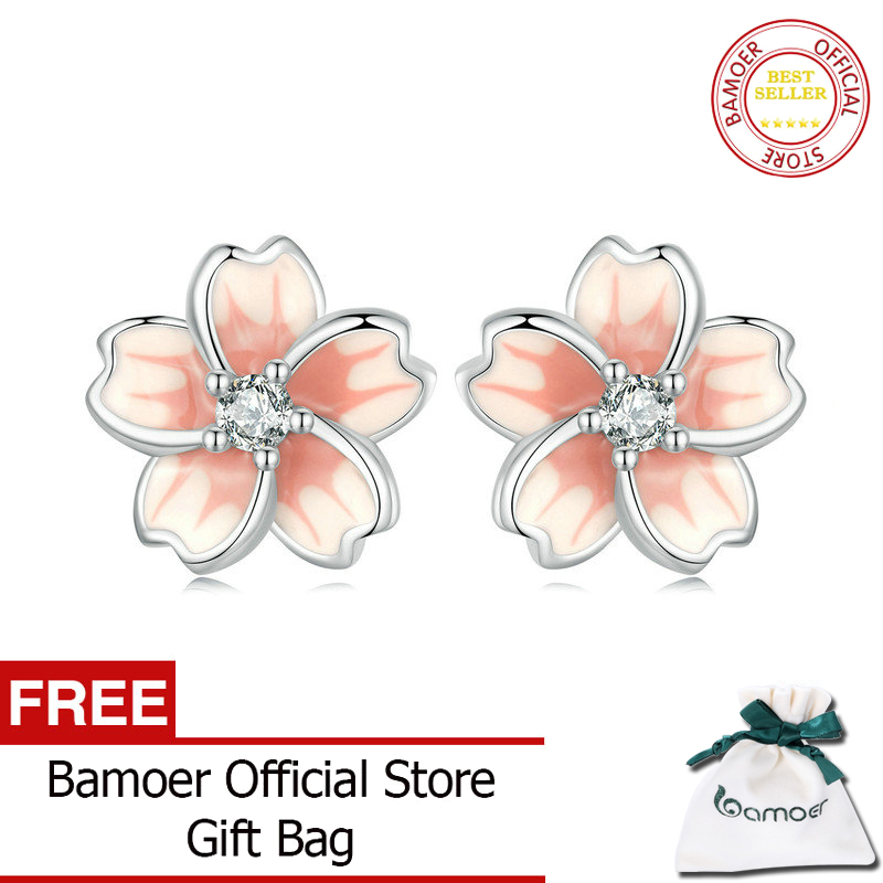 Bamoer Màu Hồng Men Hoa Anh Đào Bông Tai 925 Sterling Silver đá cz hình hoa khuyên nụ mạ bạch kim Cho nữ phụ nữ Sce1673