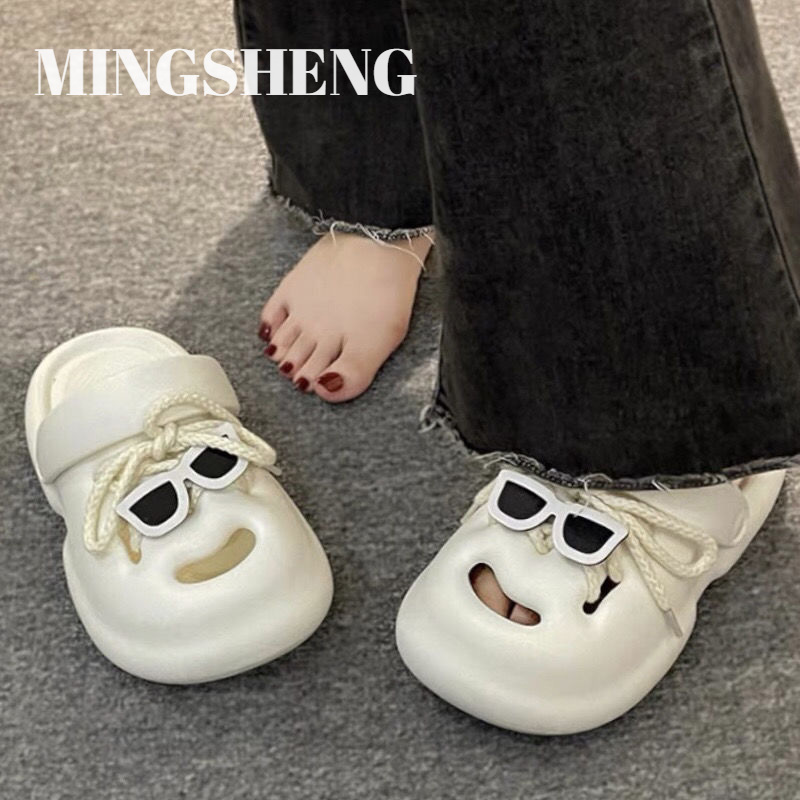  MINGSHENG dép của phụ nữ áo khoác ngoài dày đế Dép lê nữ với một Dép xăng đan có buộc nơ phụ nữ áo khoác ngoài Dép đế xuồng phụ nữ 
