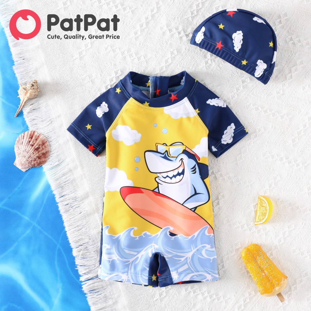 PatPat 2pcs Baby Boys Childlike Shark Tight Swimwear with Stand Collar Top