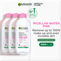 [Triple Pack] Garnier Micellar Cleansing Water Pink 400ml x3- Gently Cleanses and Removes Makeup for Normal Skin and Sensitive Skin