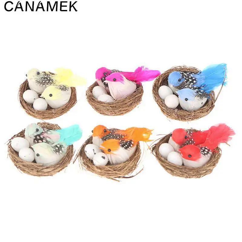 1 Set Artificial Feathered Birds & Nest & Egg Creative Craft Birds Sculpture Art Decoration Home Garden