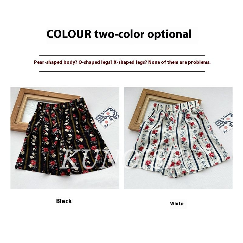 KUNOISE Rose Pattern, Ice Silk Shorts Women's Summer Lazy High Waist A- line Cover Slim Wide Leg Pants ราคา 137 บาท*ส่งฟรี
