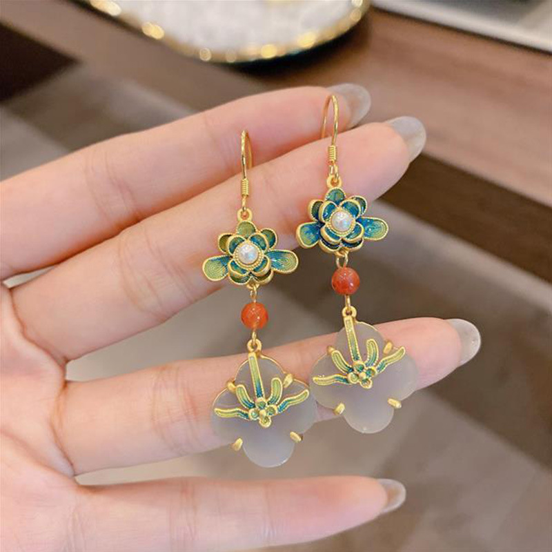 Khuyên nụ Cổ Cỏ Bốn Lá Hotan Ngọc Bông Tai Men phong cách dân tộc Bùa Bình An Earhook Tòa Cổ Điển Cảm Giác Cao Bông Tai Jigerbyq