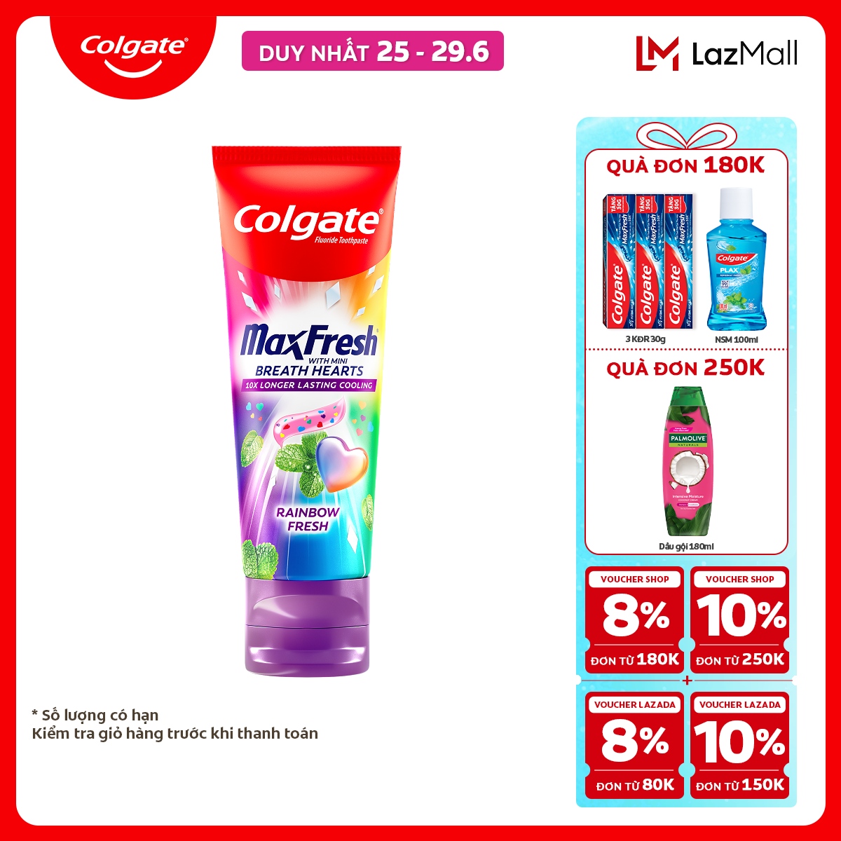 [Chỉ 25-29.6_X2 Voucher giảm đến 20%] [THÊM VỊ MỚI] Kem đánh răng Colgate MaxFresh Hương nhiệt đới, tinh thể cầu vồng the mát 100g/ tuýp