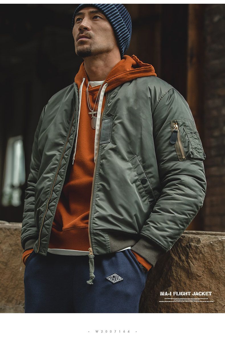 Madden Workwear   American R Army Green MA-1 Short Flight Jacket Warm Thick Cotton Coat for Men Trendy · v4