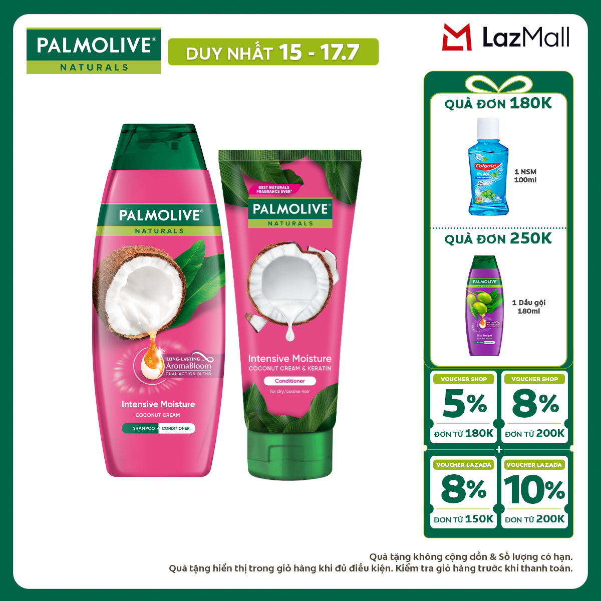 [Chỉ 15-17.7_X2 Voucher giảm đến 18%] [MỚI] Bộ Dầu gội và Dầu xả Palmolive chiết xuất thiên nhiên  keratin cho tóc mềm mượt, lưu hương bền lâu 180ml