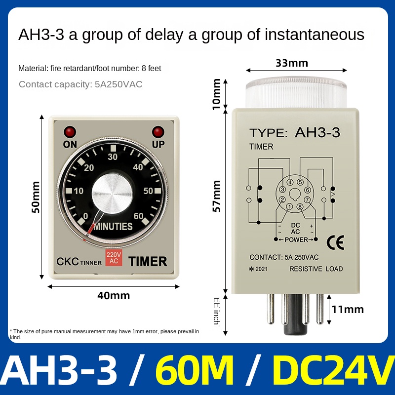 Timer Relay AH3-3-60m-dc24v | tùy chọn Rơ Le thời gian AH3-3, AH3-2 CKC, 1s-60m, AC220V/DC24V, Trễ Bật, 8 Chân, Công Nghiệp, IP50, Độ Chính Xác Cao