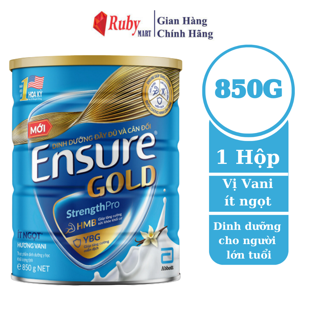 Date T4 25Sữa bột Ensure Gold Abbott ít ngọt HMB 850g