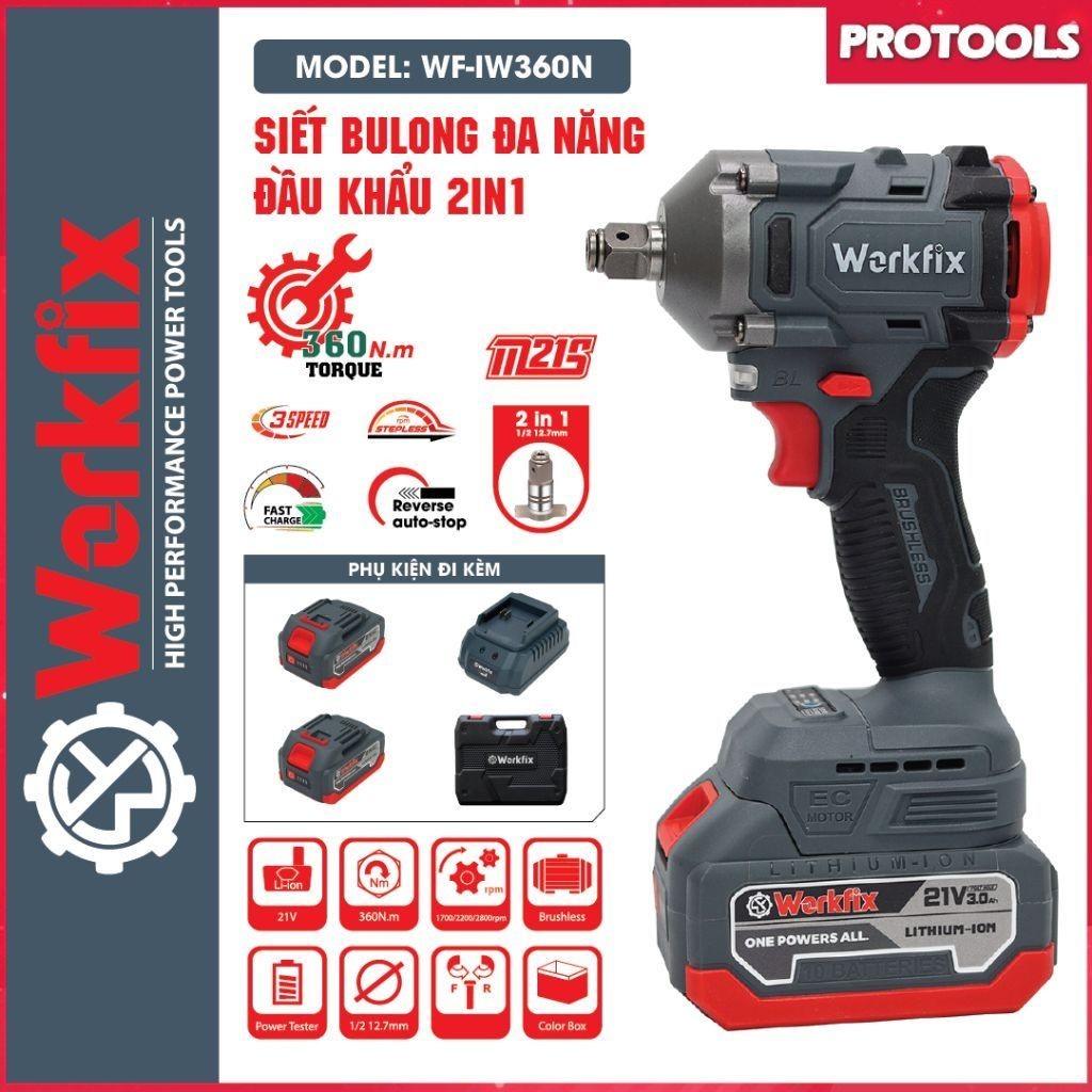 Máy siết bulong dùng pin Workfix WF-IW360N chân pin phổ thông, Lực siết 360NM, Máy không chổi than