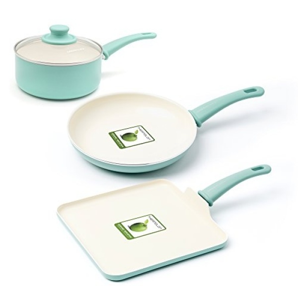 GreenLife Soft Grip Absolutely Toxin-Free Healthy Ceramic Nonstick Dishwasher/Oven Safe Stay Cool Handle Cookware Set, 4-Piece, Turquoise, CC000884-001, Mint Singapore
