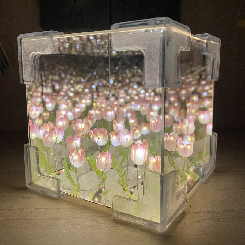 MLADEN Tulip Night Light DIY Tulip Mirror Cube Table Lamp Bedroom Decor LED Atmosphere Lamp Gifts