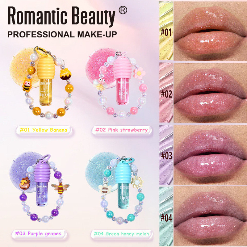 Dầu thoa môi mật ong, dưỡng ẩm Son bóng với dây chuyền treo và vòng đeo tay, mức độ sáng bóng cao, dầu Son dưỡng có màu trong, nuôi dưỡng cho môi khô với móc chìa khóa