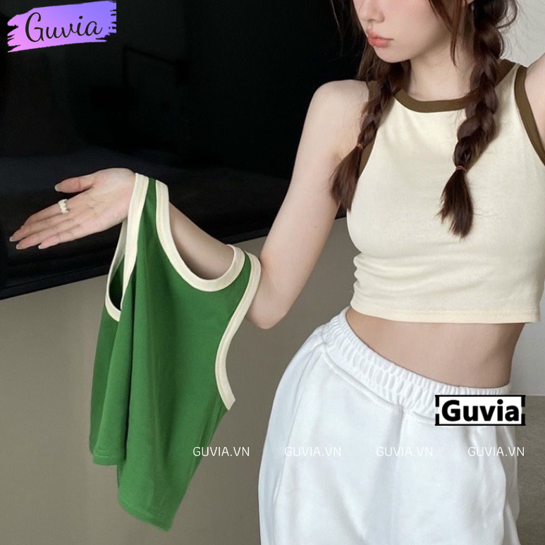Áo croptop ba lỗ phối viền basic trơn nữ thun gân kiểu ôm body guvia