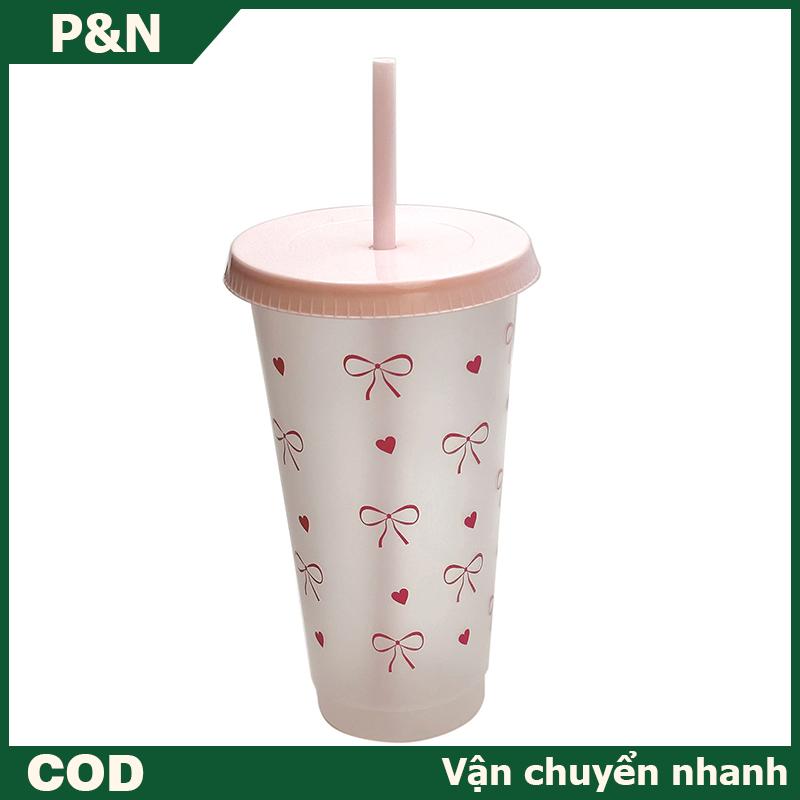 P&N Kawaii Water Bottle Aesthetic Tumbler For Ice Coffee Juice Tea Cute Bowknot Plastic Cups With Straw Lid Portable Drinking Bottle
