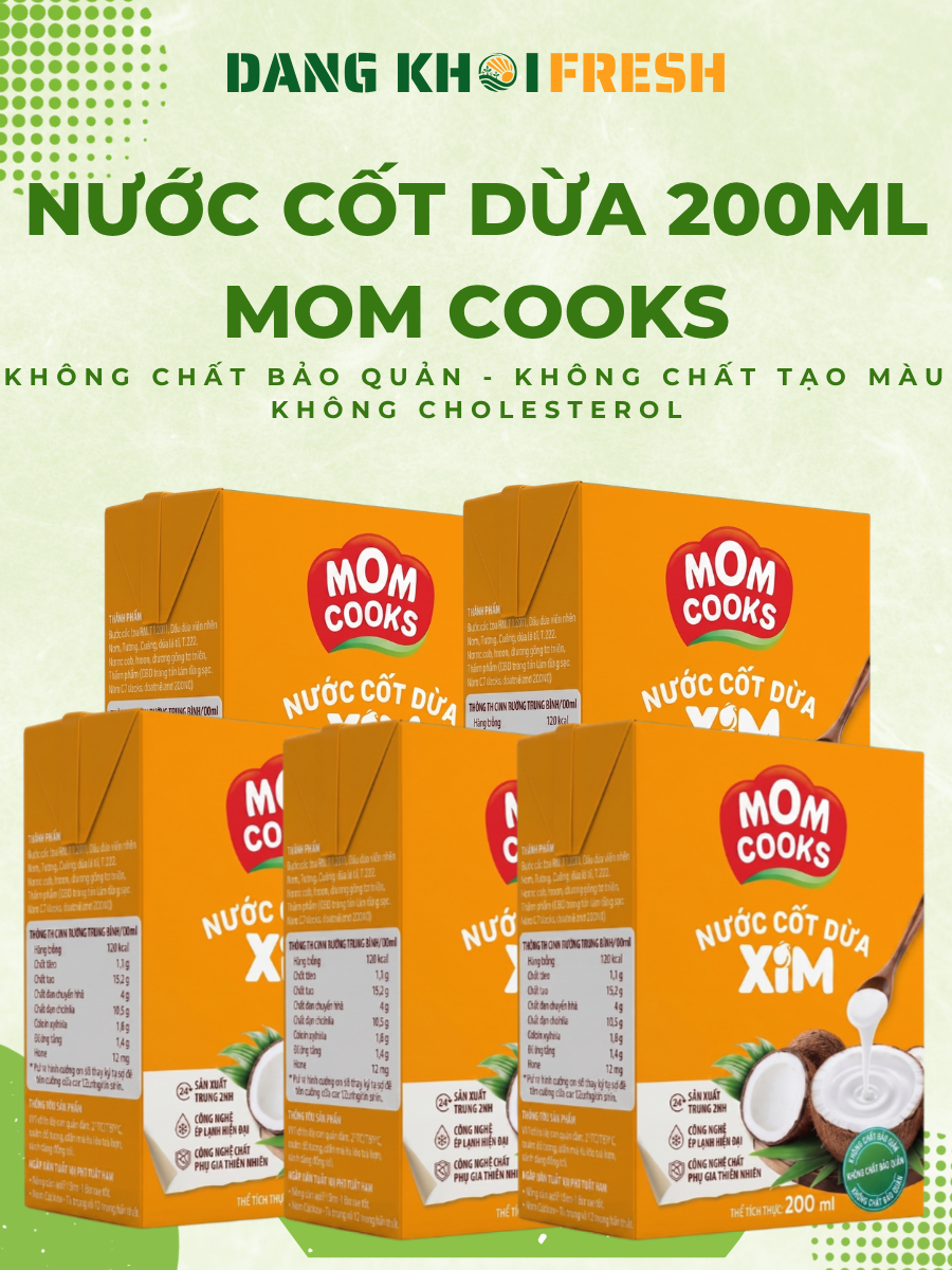 COMBO 5 Hộp Nước Cốt Dừa Mom Cooks 200ml, Mước Màu Dừa Coconut Nguyên Chất Làm Cafe Sữa Dừa Nấu Ăn