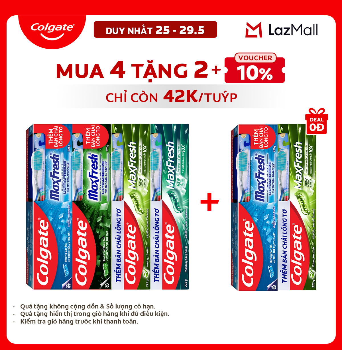 [Chỉ 25-29.5_Mua 4 tặng 2] Bộ sưu tập 4 kem đánh răng Colgate Maxfresh 225g (Tặng bàn chải lông tơ)