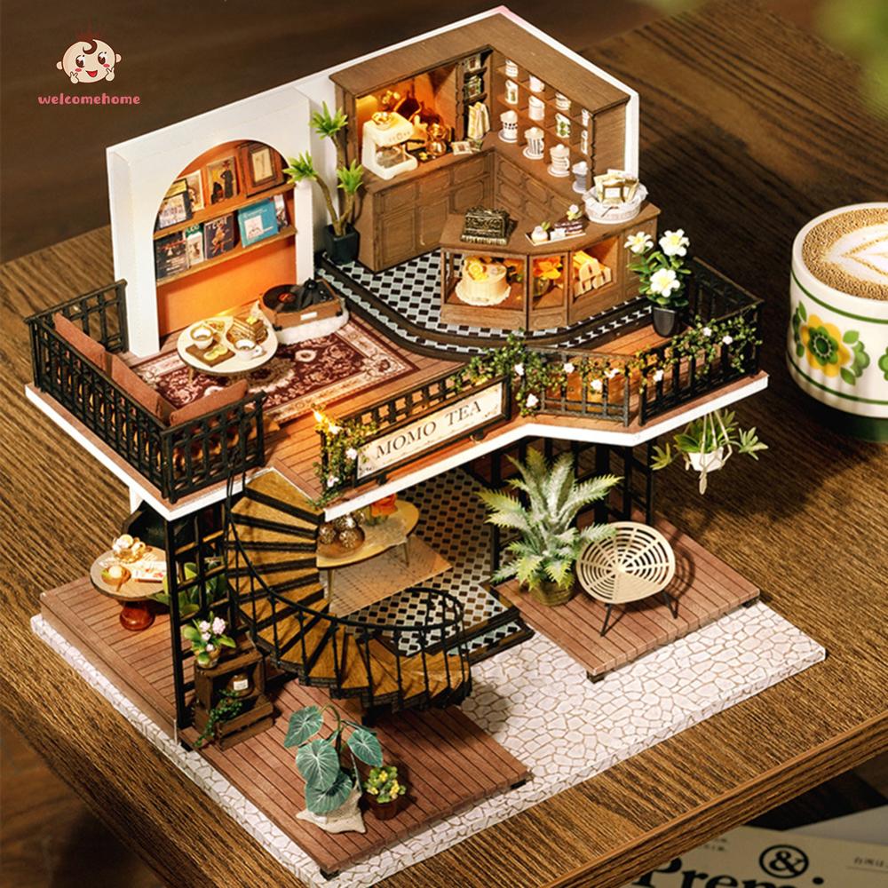 Cute Miniature Dollhouse with Furniture Mini Doll Tea House DIY Handcraft