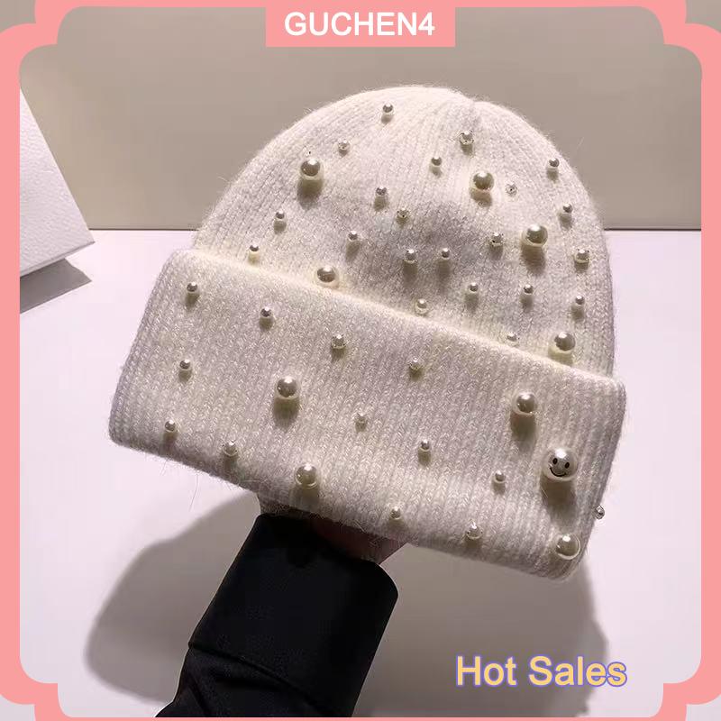 GUCHEN4🎀 Mũ len ngọc trai hạng nặng mùa thu và mùa đông mới mũ dệt kim thời trang ngọc trai bảo vệ tai ấm áp