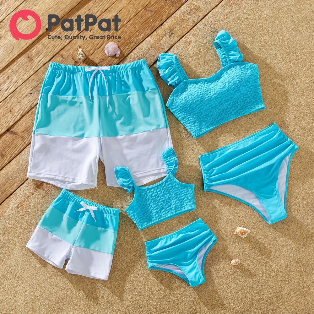 PatPat Family Matching Colorblock Drawstring Swim Trunks or Shirred Ruffle