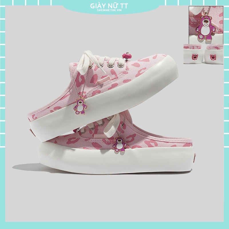 [có quà] Giày thể thao nữ giày thể thao canvas đế cao Đồ trang trí gấu dâu tây miễn phí (mép giày màu hồng Phiên bản nâng cấp)
