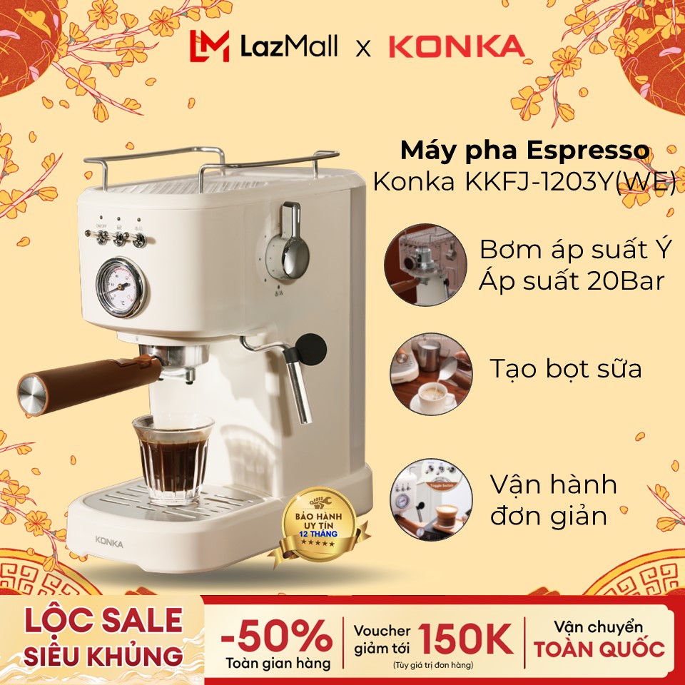 Máy pha cà phê espresso Konka KKFJ-1203Y, thiết kế mới cải tiến, pha cà phê bột, đánh bọt sữa, bảo hành 12 tháng