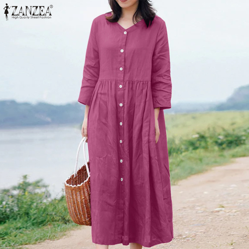 Hijabfab Zanzea Phụ Nữ V Cổ Tay áo dài shirtdress Giản Dị Lỏng Đồng Bằng Váy Midi Kỳ Nghỉ Bãi Biển Váy Xếp Li #8