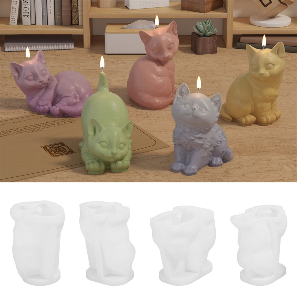 Cute Design Candle Mould Non-Stick Silicone Material Easy Release Kitten Silicone Mould Aromatherapy Compatible Aromatherapy Mold for Home Decoration Table Setting DIY Crafts Candle Making Gift Crafting