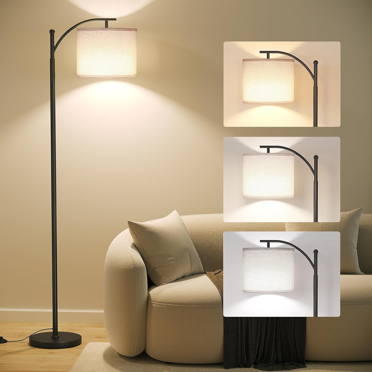 【Exclusive Offer】 Arc Floor LampModern Floor Lamp with 9W 3 Color Temperatures BulbMetal Standing Lamps with Adjustable Hanging Lampshade