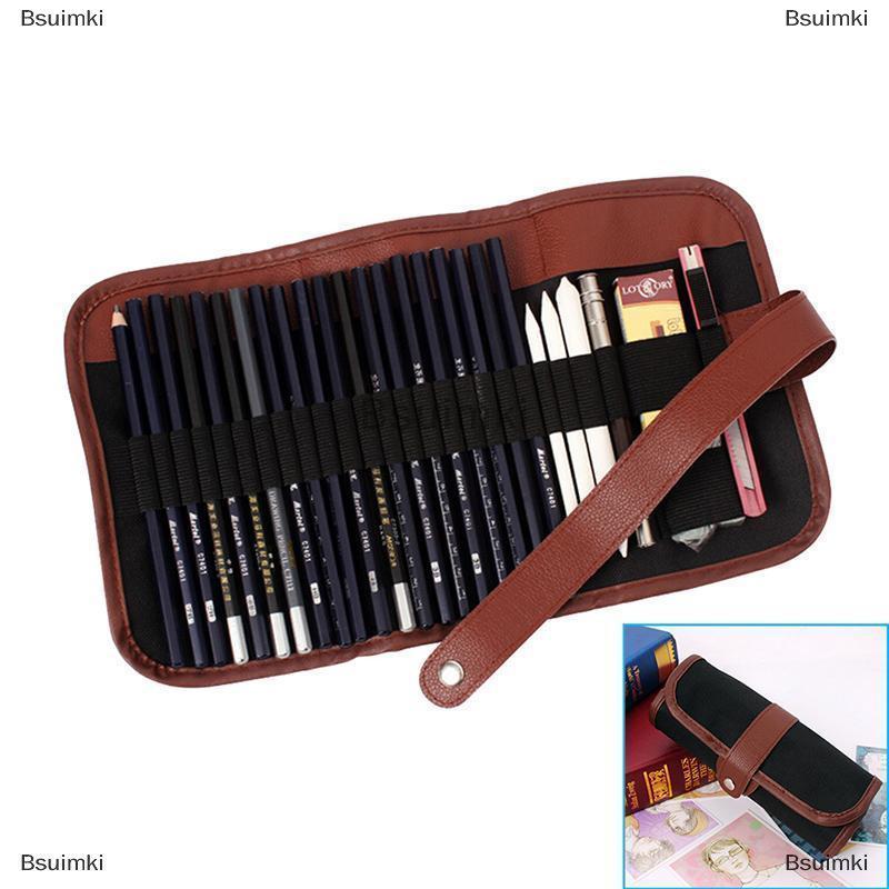 [COD] Bsuimki 24Pcs Thiết Lập Phác Thảo Bút Chì Trường Hợp Than Mở rộng Bút Chì Bóng Cắt Vẽ Túi