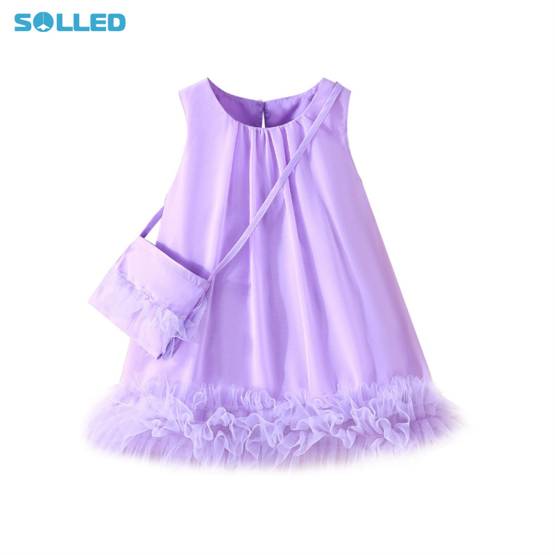 Baby Girls Summer Round Neck Dress Casual Sleeveless Solid Color Layered Sheer Tutu Skirt With Bag ราคา 218 บาท*ส่งฟรี