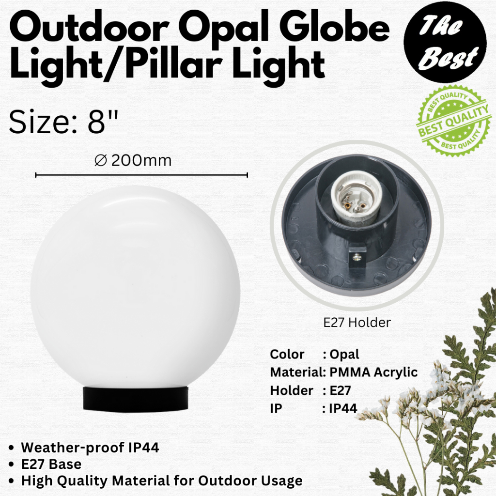 Opal Outdoor Globe Light Pillar Light 8 10 12 16 20 Inch E27 IP44 Weatherproof Globe Gate Light Lampu Pagar