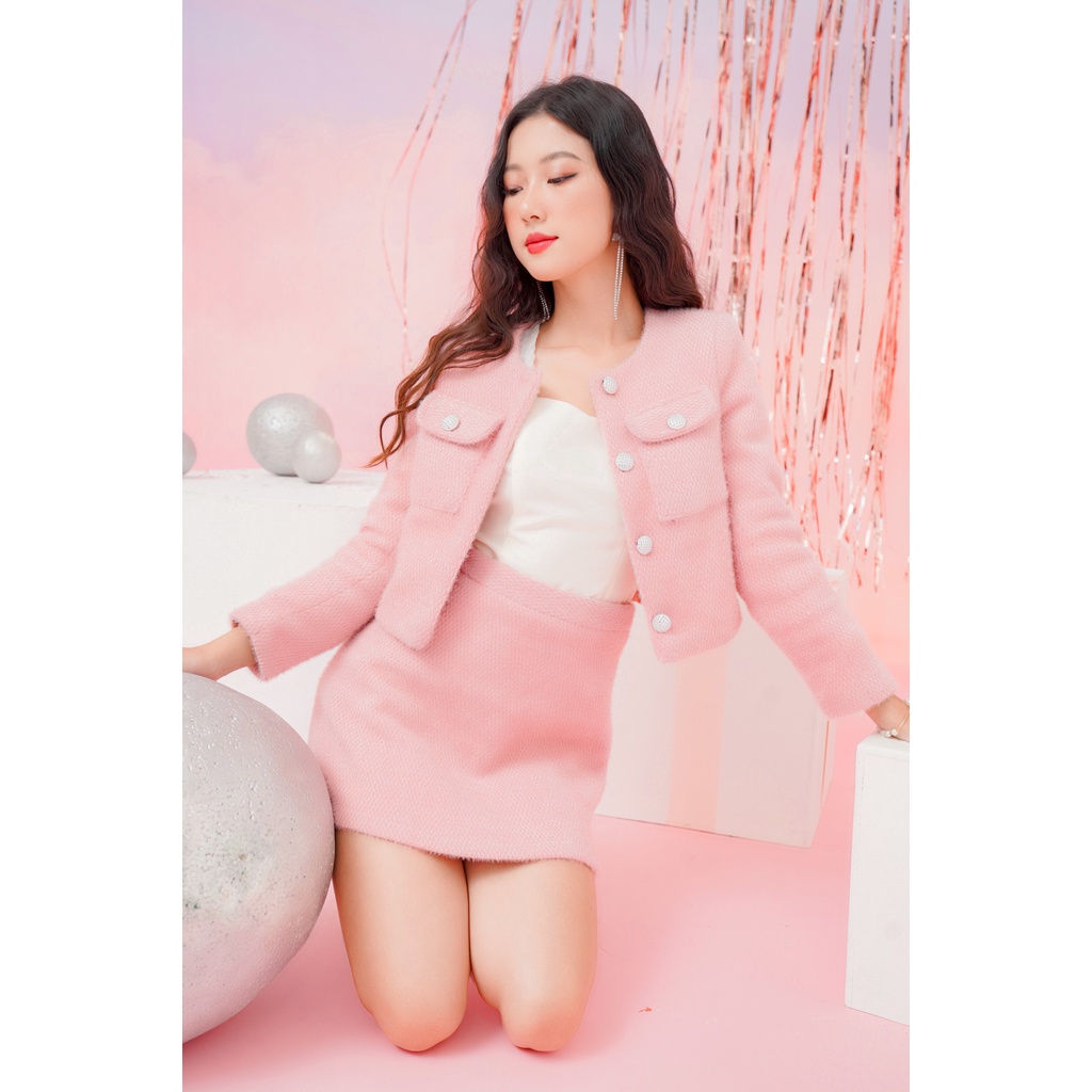 [Nhập LAZFlex2 - Giảm 60k/350k]Set áo khoác chân váy Chillgals chất liệu dạ len lông thỏ cao cấp 2 màu hồng đen  SAQ-014