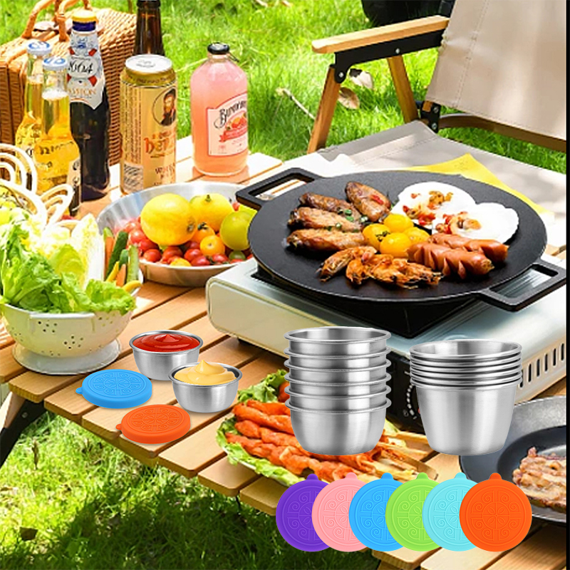 LivingEa Nước Sốt cup Silicone Bìa Leak-proof salad nước sốt cà chua Bento chiếc đĩa thép không gỉ nước sốt cup với bìa lưu trữ nhỏ hộp