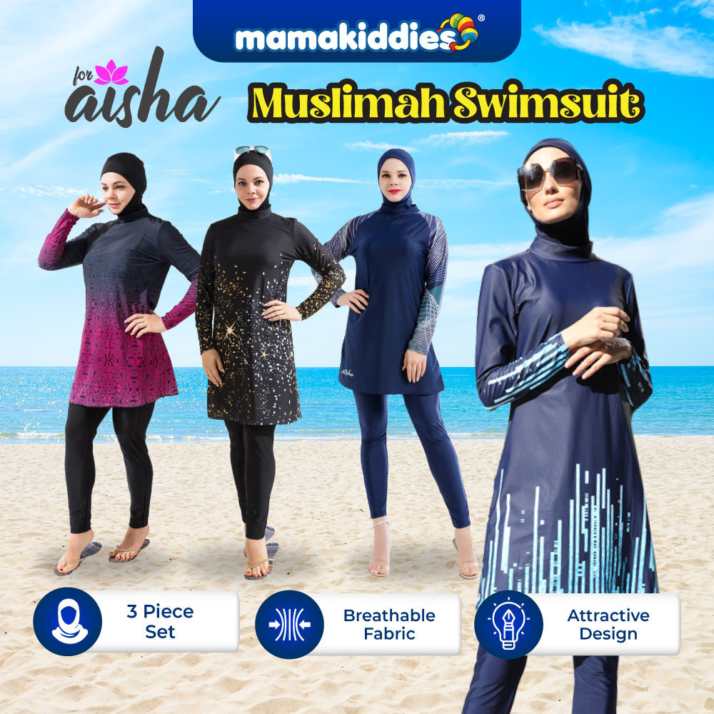 [🔥HOT SALE🔥]ForAisha 3Pcs Set Plus Size M-6XL Women Swimwear beachwear Baju Renang Muslimah Swimming Suit