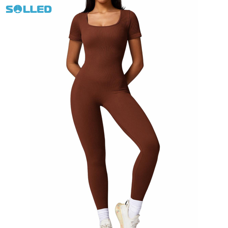 Womens Yoga Jumpsuits Square Neck Ribbed 1 Piece Workout Short Sleeve Tops Exercise Seamless Jumpsuits ราคา 554 บาท*ส่งฟรี