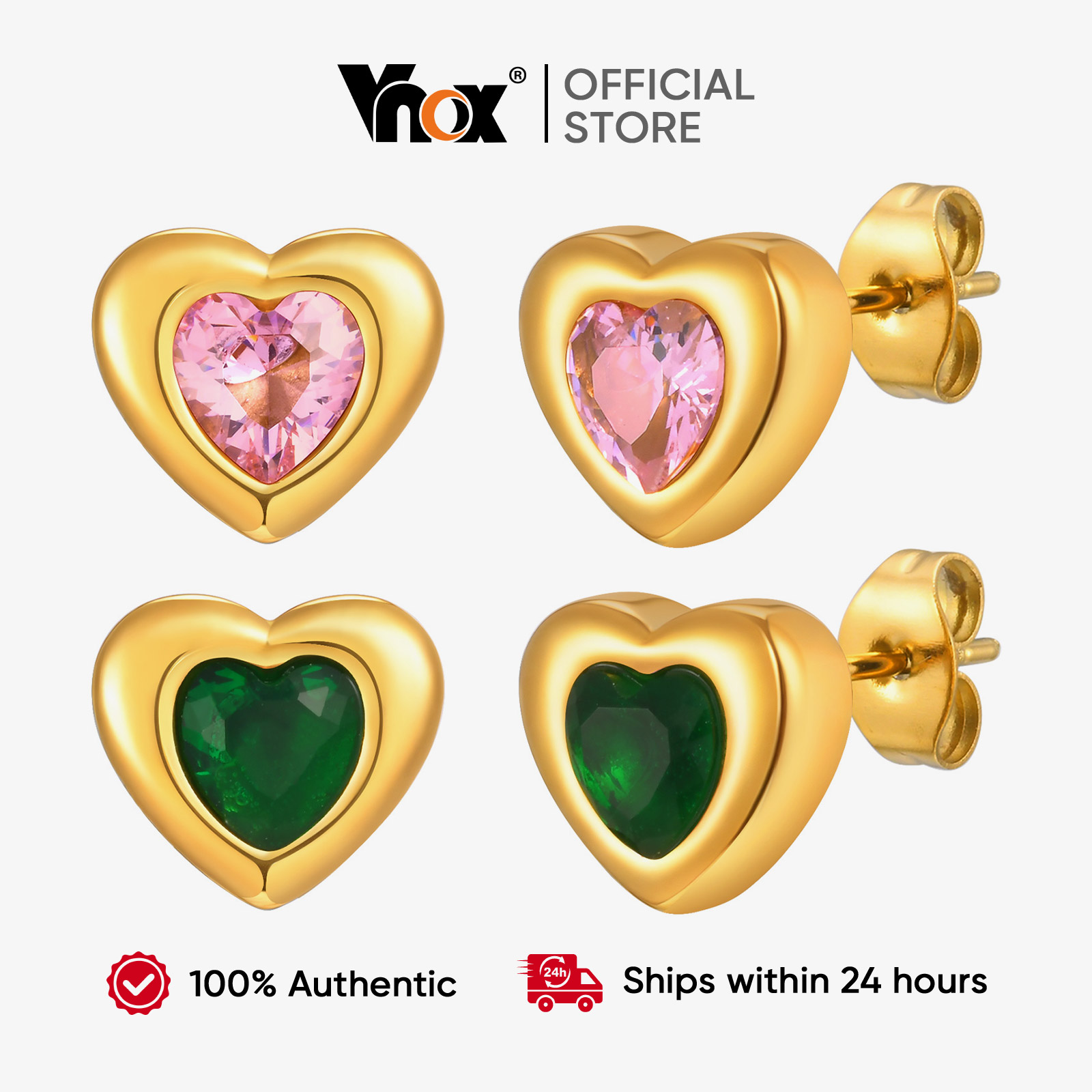 Vnox Chic Gold Plated Heart Earrings with Pink Crystal, Delicate Design for Women's Everyday Wear, Perfect Birthday Present ราคา 69 บาท*ส่งฟรี