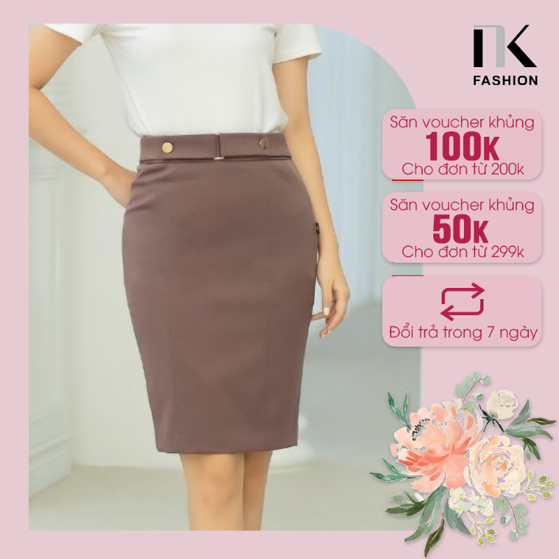 Chân váy thiết kế công sở nk fashion nkcv2101003 dáng bút chì kèm đai cài eo, chất liệu nhập hàn hai lớp cao cấp