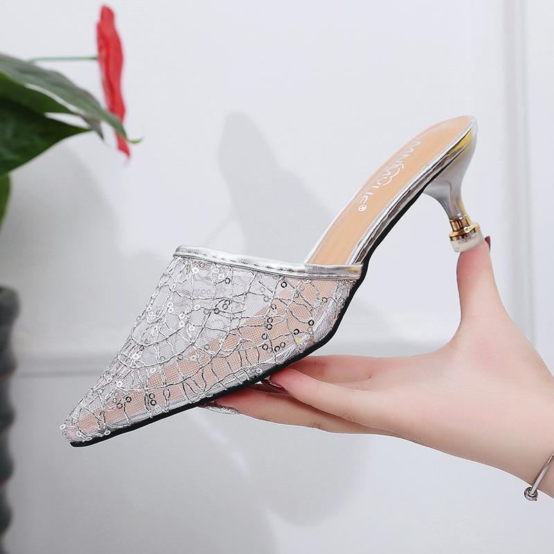 2019 musim panas jaringan Model Sama RESTONIC sepatu sandal selop kasa bagian depan tajam hijab hak sedang pakaian luar sendal adem sepatu wanita Sandal selop