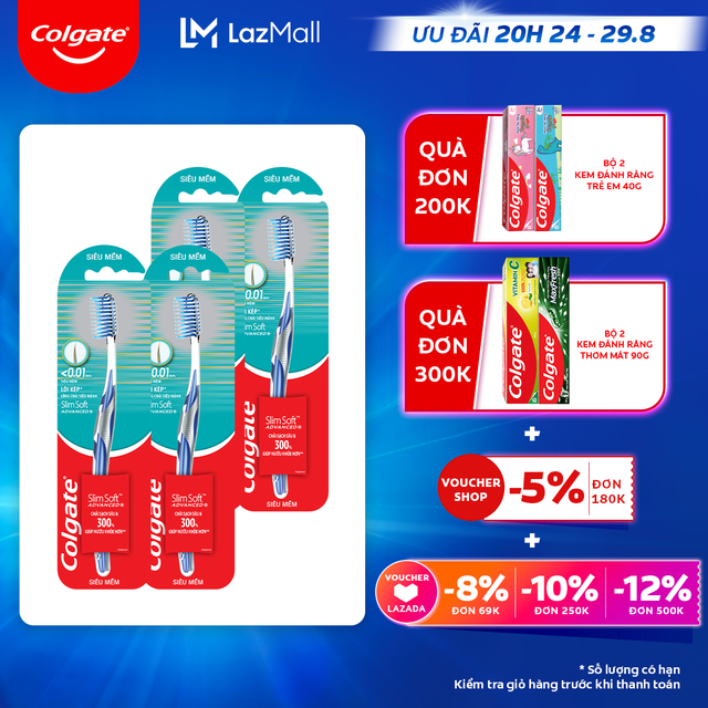 [Ưu đãi 20H 24.8 - 29.8_Áp voucher Colgate 5% + voucher LZD 8%]Bộ 4 bàn chải Colgate Slimsoft Advanced lõi kép ngăn chảy máu nướu siêu mềm mảnh