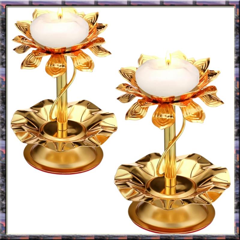 Special For Diwali Pooja Decorations 2 Pcs Metal Diya Lotus Candle Holders for Diwali Ghee Lamp Cand