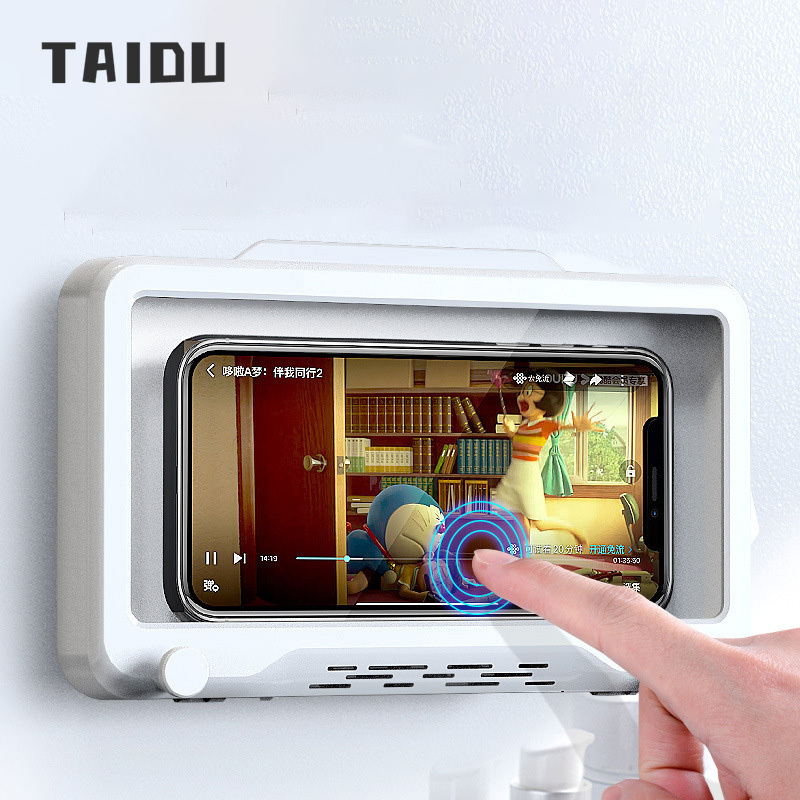 TAIDU Bathroom waterproof mobile phone box holder shell touch screen bath shower horizontal and vertical wall hanging no punching kitchen watching videos and dramas ราคา 85 บาท*ส่งฟรี