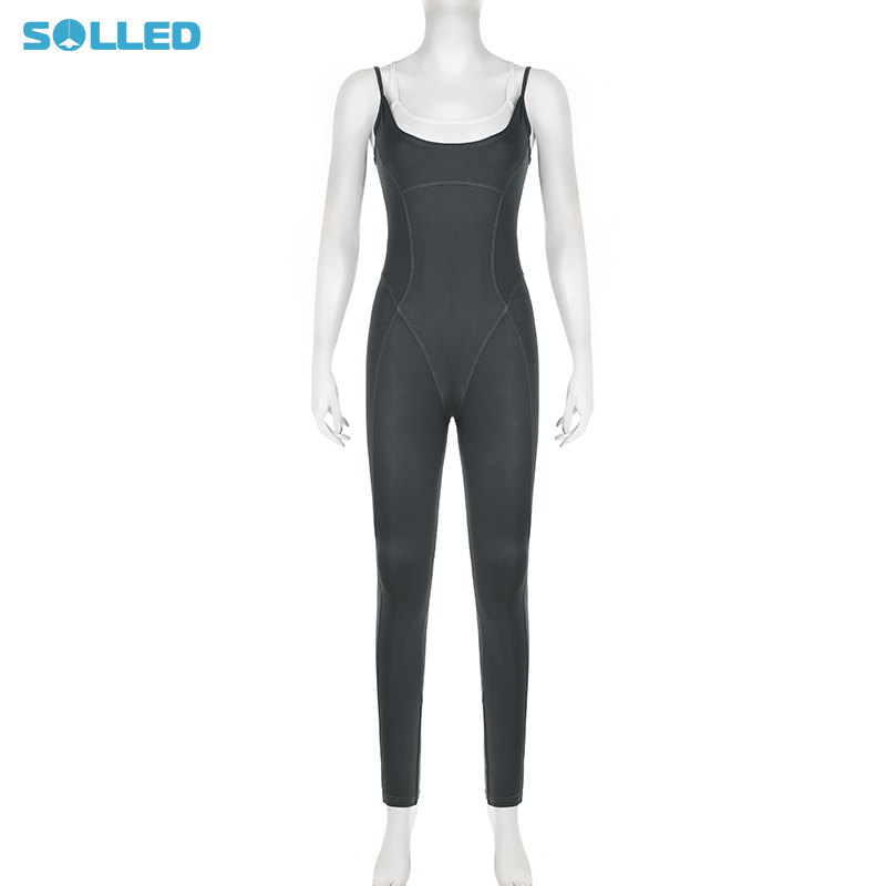 Women's Slim Fit Jumpsuits Summer Casual Fake Two-piece Long Bodysuits Trendy Spaghetti Strap Sleeveless Bodycon Rompers
