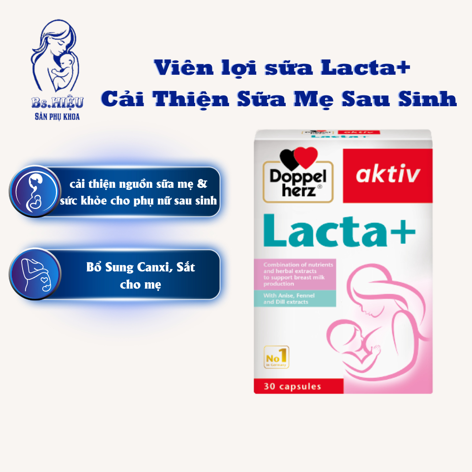 Viên Uống Lợi Sữa Lacta+ Doppelherz Aktiv - Bổ Sung Canxi, Sắt, Cải Thiện Nguồn Sữa Mẹ Sau Sinh (Hộp 30V)