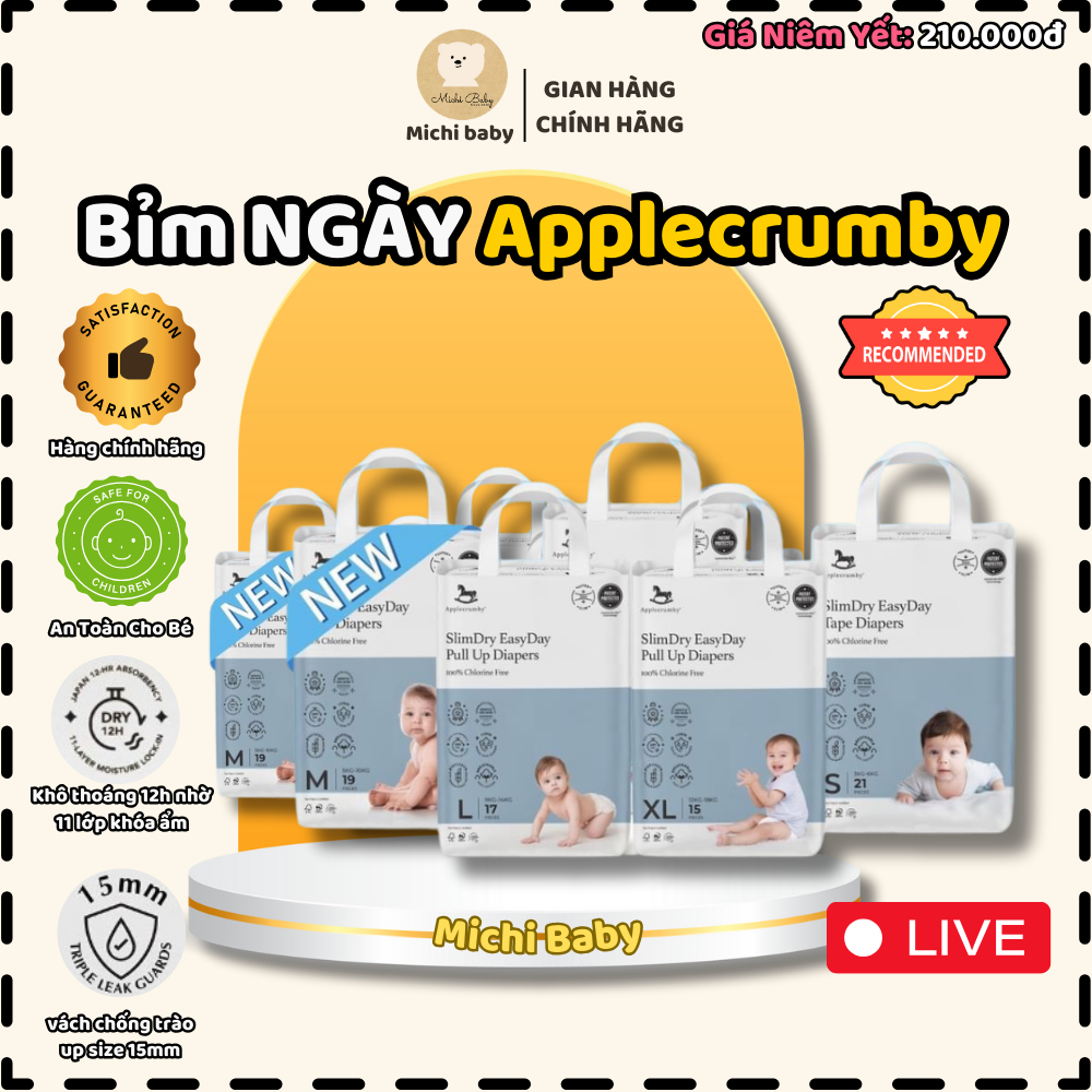 Michibaby Live - Bỉm Ngày Applecrumby Slimdry Easyday Mini Pull Ups Cho Bé S/M/L/XL/XXL - Michi Baby MC681