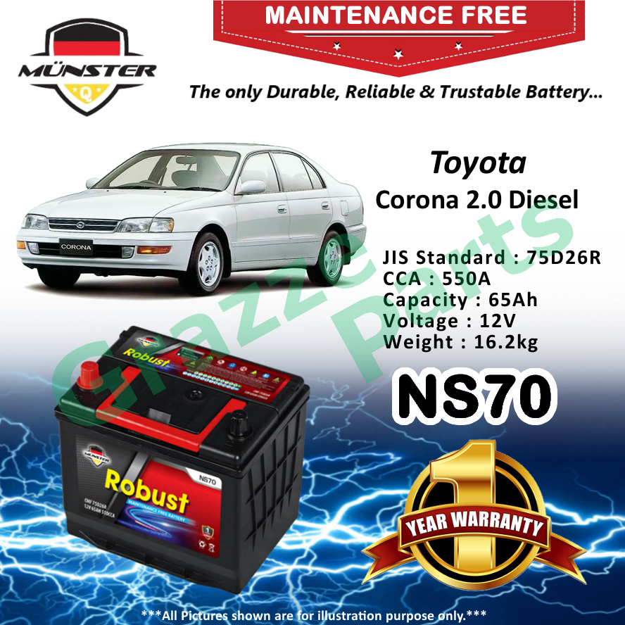 Mnster Robust MF CMF NS70 | NS70R | 75D26R (65AH) Car Battery Bateri Kereta for Toyota Co rona 2.0 Diesel