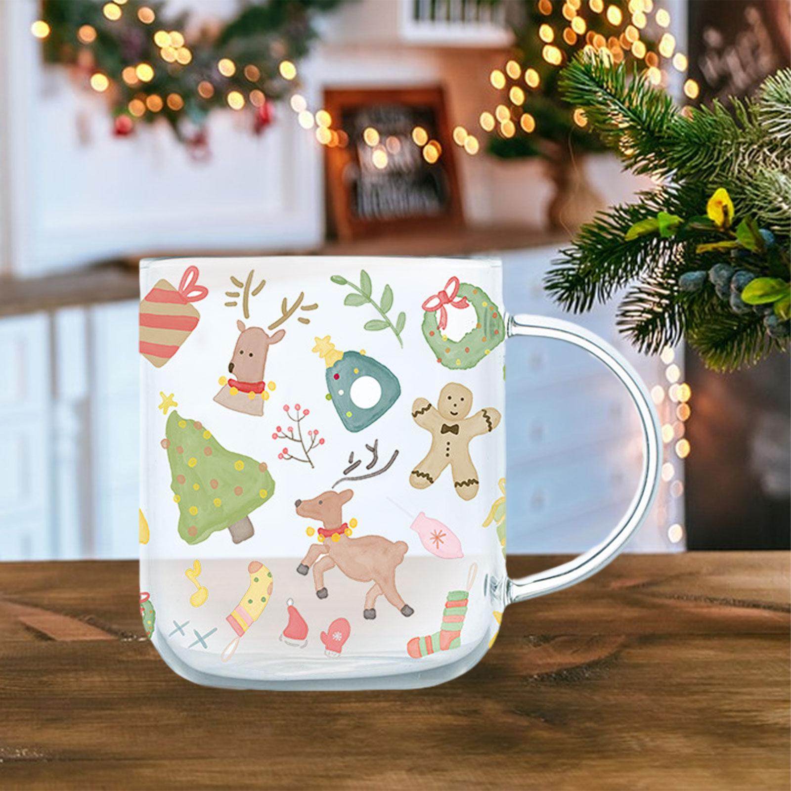 Dovewill 450ml Christmas Glass Cup Dinnerware Portable Lightweight Storage Tea Coffee Mug for Birthday Gift Home Daily Using