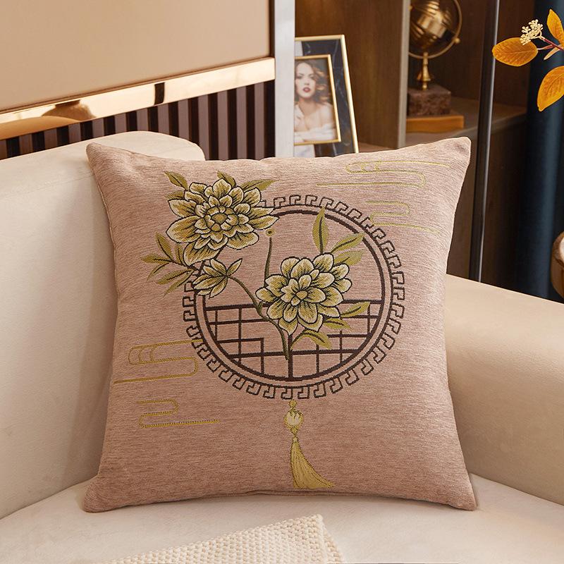 45×45cm Chenille Chinese Style Floral Embroidery Throw Pillow Covers Oriental Peony Tassel Pattern Square Cushion Cases for New Chinese Living Room Sofa Home Decor