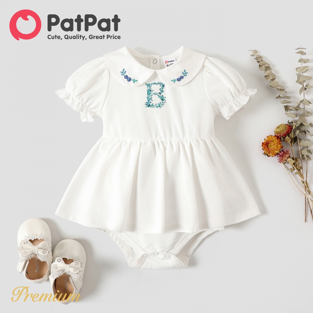 PatPat Baby Girl Embroidered Detail Peter Pan Collar Puff-sleeve Romper