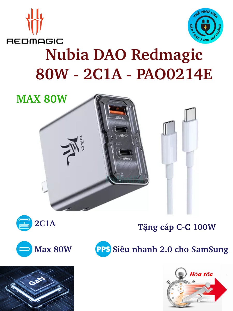 Củ sạc nhanh Nubia Redmagic 80W 3 cổng 2C1A Neo charger PD PPS5A QC AFC SCP FCP